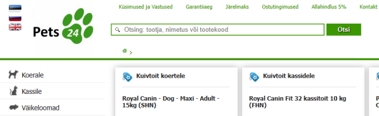 Kõik koera, kassi ja lemmikute toidud Pets24 sooduskoodiga parema hinnaga