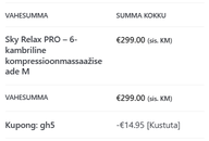 Poe kassa kokkuvõte: tellimuse read, vahesumma 299,00 € ja kupongi allahindlus 14,95 €.
