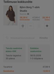 Poe tellimuse kokkuvõte: T-särk soodushinnaga 38,39 €, tavahind 47,99 € ja soodustus 9,60 €.